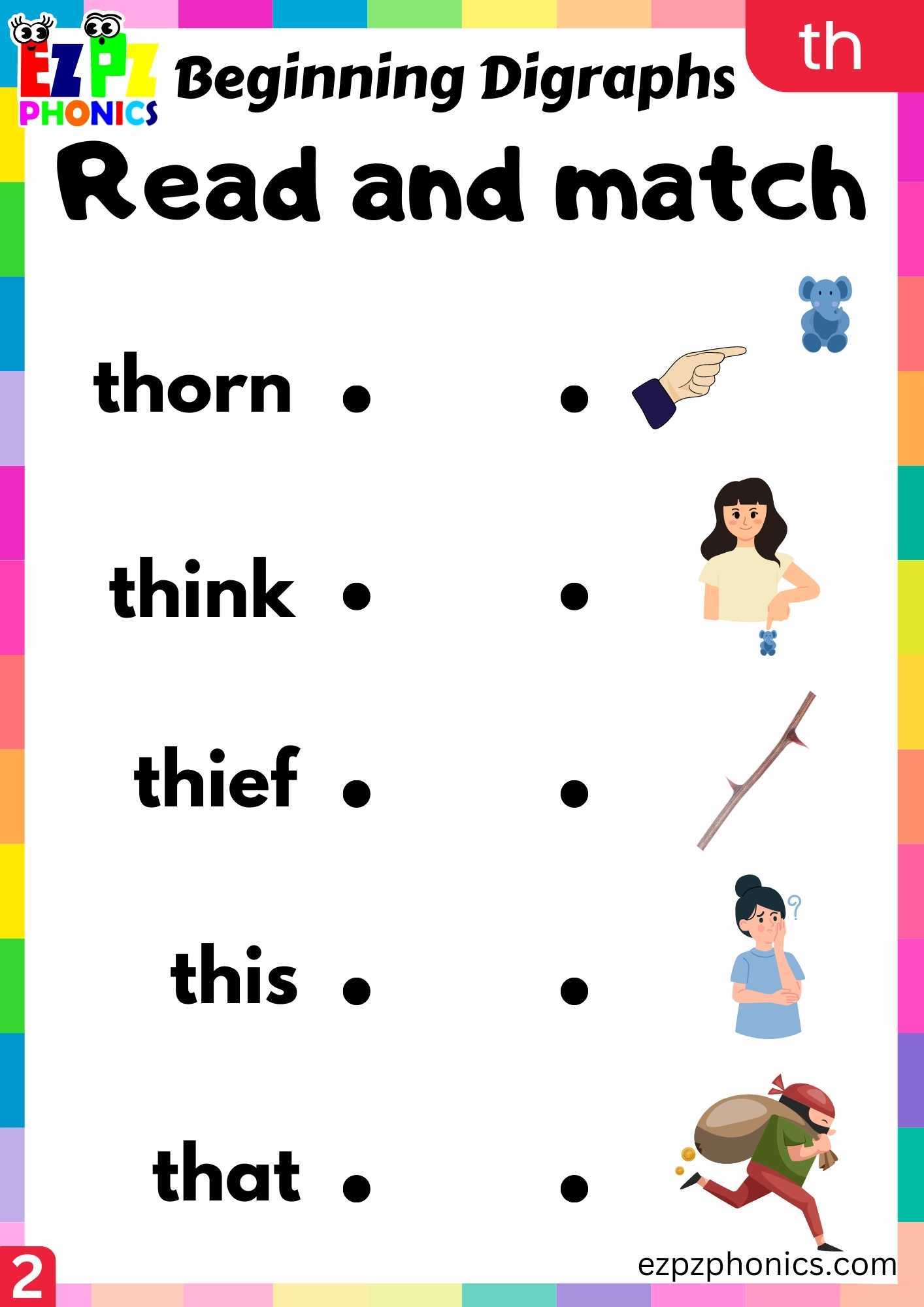 Group2 TH Words Read And Match Consonant Digraphs Phonics Beginning Worksheet